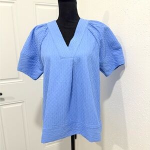 Entro  blue puff-sleeve V-neck‎ Blouse S